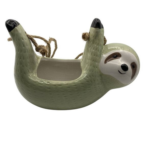 Ceramic Hanging Sloth Planter Pot Jute Rope Sage Green Animal Succulent Holder - Picture 3 of 8